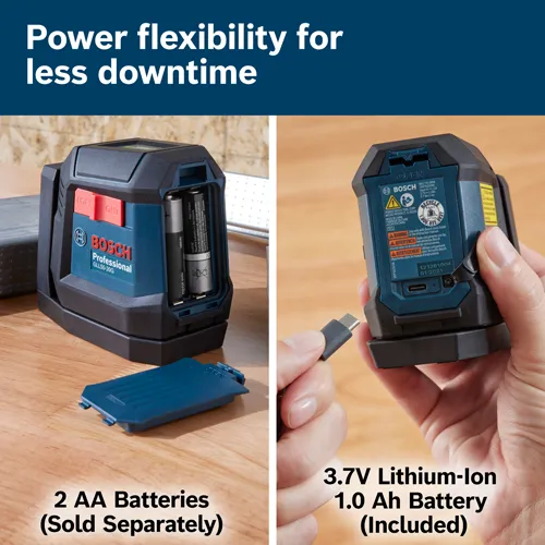 Bosch GLL50-20G Professional laser level, with 2 AA batteries (sold separately) and 3.7V Lithium-Ion 1.0 Ah battery (included).