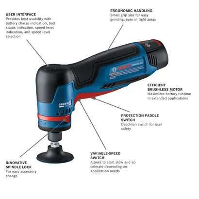 Bosch GWG12V-20S cordless angle grinder with user interface, ergonomic handling, efficient brushless motor, protection paddle switch, variable-speed switch and innovative spindle lock.