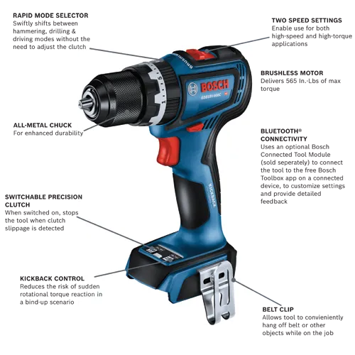 Bosch GSB18V-800C HD cordless drill with features including Rapid Mode Selector, All-Metal Chuck, Switchable Precision Clutch, Kickback Control, Two Speed Settings, Brushless Motor, Bluetooth® Connectivity, and Belt Clip.