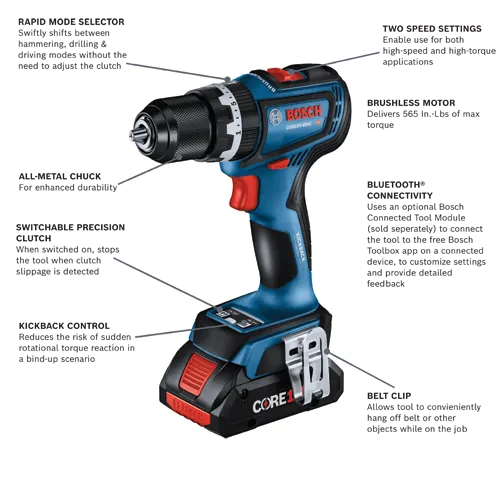 Bosch GSB18V-800C HD drill with Rapid Mode Selector, All-Metal Chuck, Switchable Precision Clutch, Kickback Control, Two Speed Settings, Brushless Motor delivering 565 In.-Lbs of max torque, Bluetooth Connectivity, and Belt Clip.