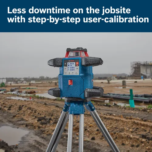 Bosch leveler on tripod with "Less downtime on the jobsite with step-by-step user-calibration" text. Display shows X 0.00%, Y 0.00%.