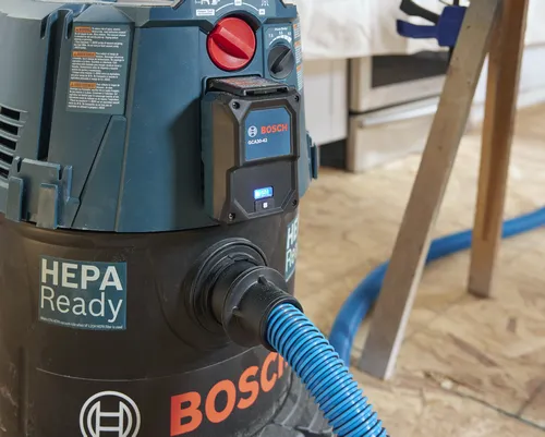 Bosch HEPA Ready vacuum cleaner with GCA30-42, Power Tool Activation, and Power Broker settings.