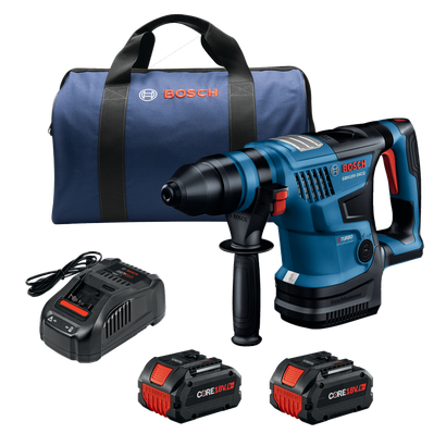 Bosch GBH18V-34CQ hammer drill kit, CORE18V 8Ah batteries, charger and bag.
