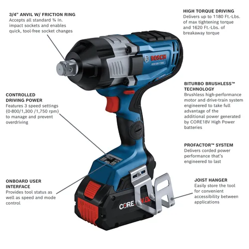 Bosch GDS18V-1180C impact wrench, 3/4" anvil with friction ring, delivers up to 1180 Ft.-Lbs. max tightening torque and 1620 Ft.-Lbs. breakaway torque, with 3 speed settings (0-800/1,300/1,750 rpm) and onboard user interface.