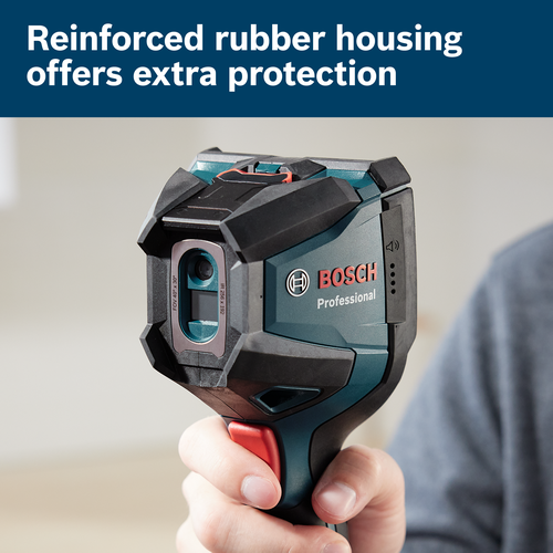 Bosch Professional thermal camera held by a person, with "Reinforced rubber housing offers extra protection" text above.