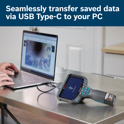 Seamlessly transfer saved data via USB Type-C to your PC. Bosch inspection camera connected to a laptop via USB-C, showing "Transferring files..." on the screen. A hand is typing on the laptop.