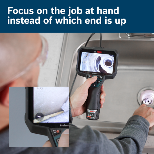 Bosch 12 V 2.0 Ah Li-Ion Professional inspection camera, displaying a metal sink drain and an inset of another view, with "Focus on the job at hand instead of which end is up" text.