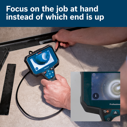 Bosch Professional inspection camera with screen displaying a view, being held by a person.
