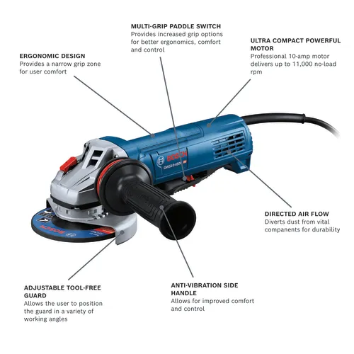 Bosch GWS10-450H HD angle grinder with ergonomic design, multi-grip paddle switch, ultra compact powerful motor, directed air flow, adjustable tool-free guard, and anti-vibration side handle.