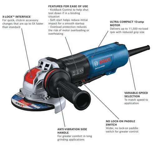 Bosch GWX14-50PBD grinder, features X-LOCK interface for quick accessory changes, ultra-compact 13-amp motor with up to 11,500 no-load rpm, variable-speed selection, no lock-on paddle switch, and anti-vibration side handle.