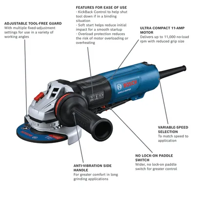 Bosch GWS12-450PBD angle grinder with adjustable tool-free guard, KickBack Control, ultra-compact 11-AMP motor, and anti-vibration side handle.