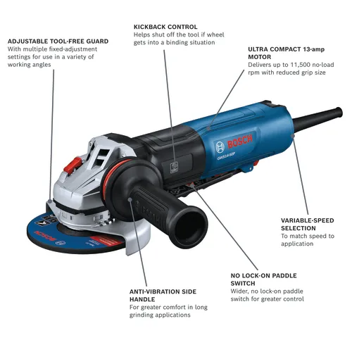 Bosch GWS14-50P angle grinder with Adjustable Tool-Free Guard, Kickback Control, Ultra Compact 13-amp Motor, Variable-Speed Selection, Anti-Vibration Side Handle, and No Lock-On Paddle Switch.