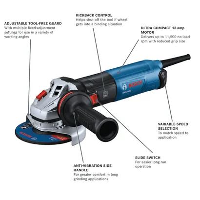 Bosch GWS14-50 angle grinder with ADJUSTABLE TOOL-FREE GUARD, KICKBACK CONTROL, ULTRA COMPACT 13-amp MOTOR delivering up to 11,500 no-load rpm, VARIABLE-SPEED SELECTION, ANTI-VIBRATION SIDE HANDLE and SLIDE SWITCH.