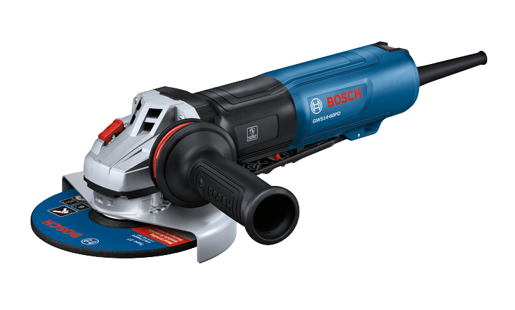 Bosch GWS14-60PD angle grinder with a circular blade labeled "Bosch", "Type 27", and "150mm".