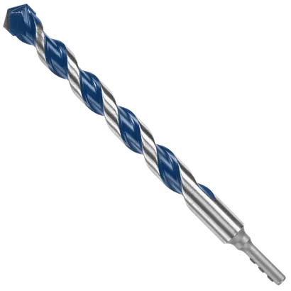 Bosch drill bit with a blue and silver twisted design.