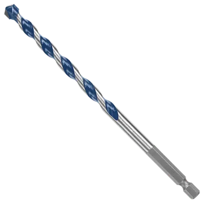 Bosch drill bit with a blue and silver spiral design.