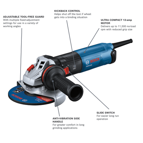 Bosch GWS14-60 with adjustable tool-free guard, kickback control, ultra compact 13-amp motor, anti-vibration side handle, and slide switch.