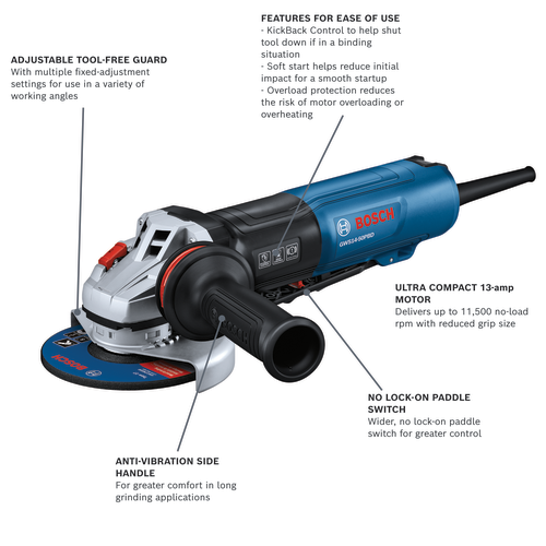 Bosch GWS14-50PBD grinder, featuring an adjustable tool-free guard, KickBack Control, a soft start, overload protection, an anti-vibration side handle, and a 13-amp motor delivering up to 11,500 no-load rpm.