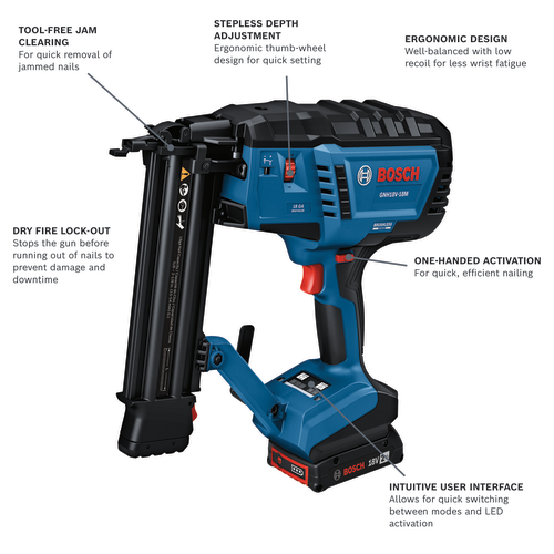 Bosch GNH18V-18M nailer with TOOL-FREE JAM CLEARING, STEPLESS DEPTH ADJUSTMENT, ERGONOMIC DESIGN, DRY FIRE LOCK-OUT, ONE-HANDED ACTIVATION, and INTUITIVE USER INTERFACE. Visible text: 18 GA BRAD NAILER, BRUSHLESS MOTOR, 18V 2Ah.