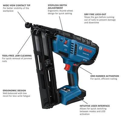 Bosch GNH18V-15MA 15 GA Finish Nailer, with wide view contact tip, tool-free jam clearing, ergonomic design, stepless depth adjustment, dry fire lock-out, one-handed activation, and intuitive user interface.