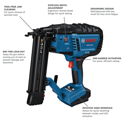 Bosch GNH18V-18M Brad Nailer with TOOL-FREE JAM CLEARING, STEPLESS DEPTH ADJUSTMENT, ERGONOMIC DESIGN, DRY FIRE LOCK-OUT, ONE-HANDED ACTIVATION, and INTUITIVE USER INTERFACE. 18 GA, 5/8-2-1/8 in. (15-54 mm) (L).