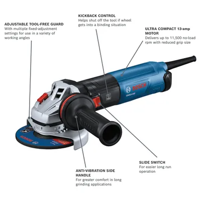 Bosch GWS14-50 angle grinder with ADJUSTABLE TOOL-FREE GUARD, KICKBACK CONTROL, ULTRA COMPACT 13-amp MOTOR, ANTI-VIBRATION SIDE HANDLE and SLIDE SWITCH.