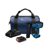 Bosch GNH18V-18M nailer set, including a blue bag with the Bosch logo, a charger, and a battery.