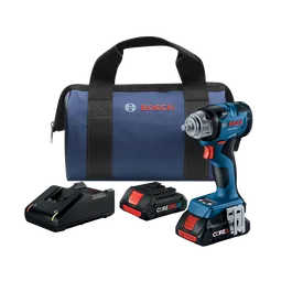 Bosch GDS18V-230C impact wrench, CORE18V 4.0Ah battery, charger, and a blue carry bag.