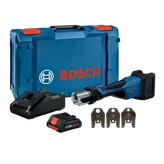 Bosch GPT18V-32 tool kit with charger, CORE18V battery, and CUSS 1", 3/4", 1/2" dies, in case.
