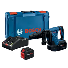 Bosch GSH18V-5 Turbo Brushless hammer drill with CORE 18V. batteries, charger, and a blue case with "BOSCH" printed on it.