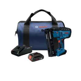 Bosch GNH18V-16GA nailer, 18V 2Ah battery, charger, and blue bag.
