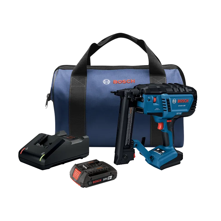 Bosch GTH18V-18M nailer set, including 18V 2Ah battery, charger, and a blue bag.