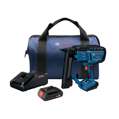 Bosch GTH18V-18M nailer set, including 18V 2Ah battery, charger, and a blue bag.