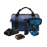 Bosch GTH18V-18M nailer set, including 18V 2Ah battery, charger, and a blue bag.