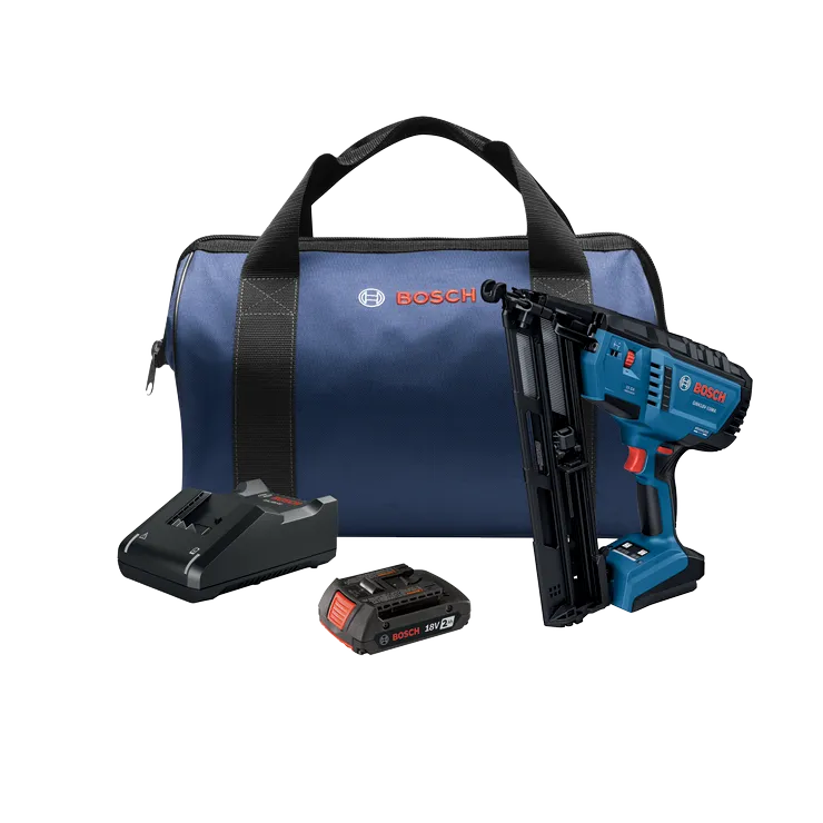 Bosch GNH18V-15MA cordless nailer, battery charger, and 18V 2Ah battery, with a Bosch-branded bag.