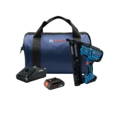 Bosch GNH18V-15MA cordless nailer, battery charger, and 18V 2Ah battery, with a Bosch-branded bag.