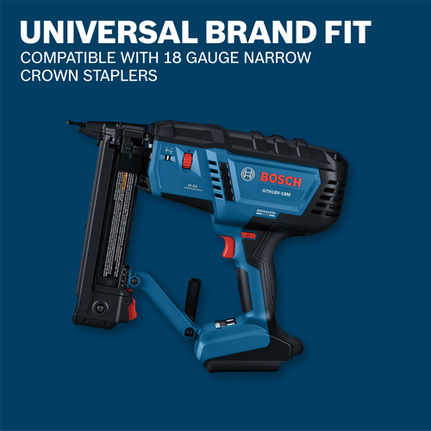 Bosch GTH18V-18M cordless crown stapler, compatible with 18 gauge narrow crown staplers.