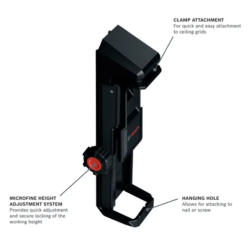 Bosch product with CLAMP ATTACHMENT, MICROFINE HEIGHT ADJUSTMENT SYSTEM, and HANGING HOLE.