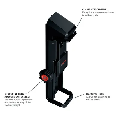 Bosch product with CLAMP ATTACHMENT, MICROFINE HEIGHT ADJUSTMENT SYSTEM, and HANGING HOLE.