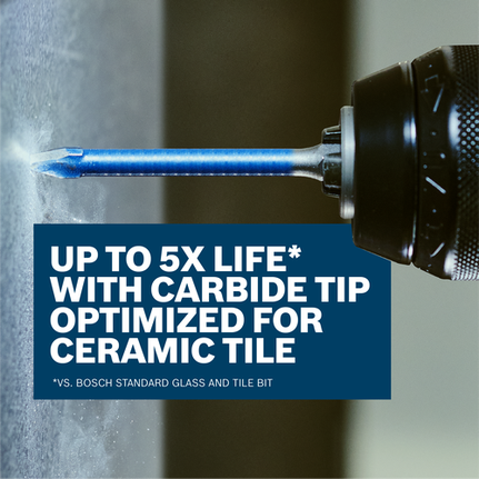 Bosch drill bit drilling into ceramic tile, with text "UP TO 5X LIFE* WITH CARBIDE TIP OPTIMIZED FOR CERAMIC TILE *VS. BOSCH STANDARD GLASS AND TILE BIT."