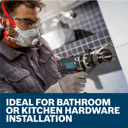 Person wearing safety glasses, a mask, and gloves using a drill to install hardware with text "IDEAL FOR BATHROOM OR KITCHEN HARDWARE INSTALLATION".