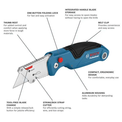 Bosch H11-11100-1 folding utility knife on a walkaround view.