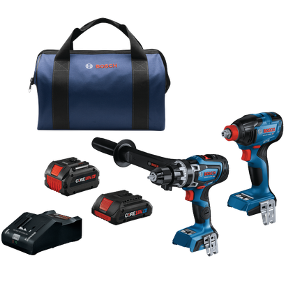 Bosch branded items: a bag, two drills (GSB18V-1330C, GDX18V-1860C), batteries (CORE18V), and a charger.