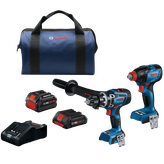 Bosch branded items: a bag, two drills (GSB18V-1330C, GDX18V-1860C), batteries (CORE18V), and a charger.