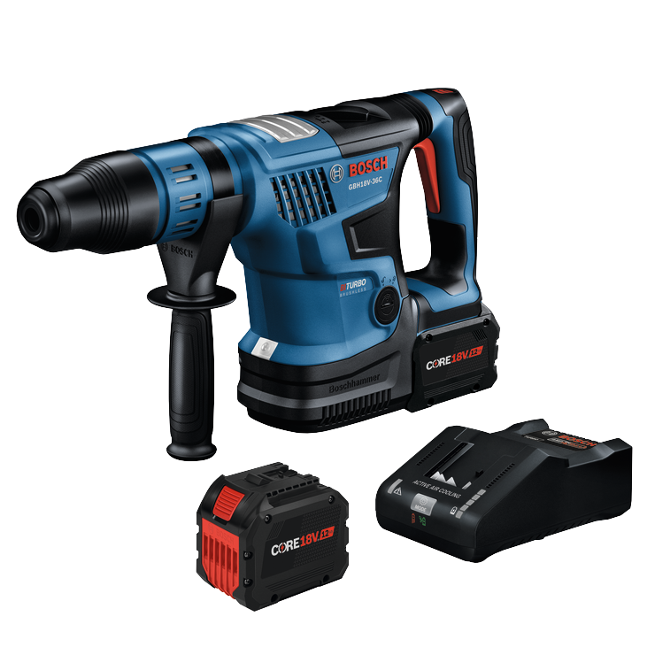Bosch GBH18V-36C cordless rotary hammer, CORE18V batteries, and charger; with "TURBO BRUSHLESS", "Boschhammer", "CORE18V 12Ah", and "ACTIVE AIR COOLING" markings.