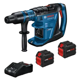 Bosch GBH18V-40C HD Turbo Brushless rotary hammer drill, with two CORE18V batteries, and Active Air Cooling charger.