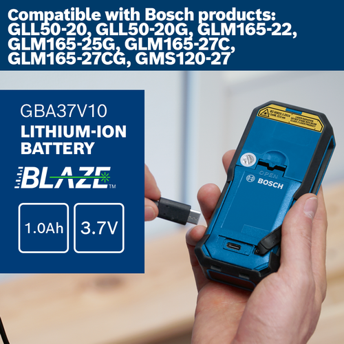 Bosch Blaze Lithium-Ion battery, GBA37V10, 1.0Ah, 3.7V, compatible with GLL50-20, GLL50-20G, GLM165-22, GLM165-25G, GLM165-27C, GLM165-27CG, and GMS120-27.