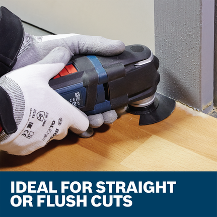 Bosch Starlock oscillating tool cutting wood, text "IDEAL FOR STRAIGHT OR FLUSH CUTS".
