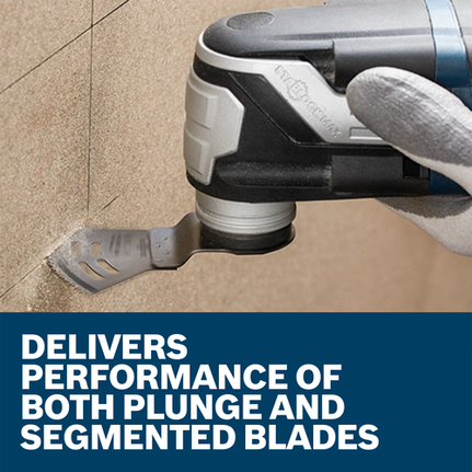 STARLOCK MAX oscillating tool cutting a line, with text "DELIVERS PERFORMANCE OF BOTH PLUNGE AND SEGMENTED BLADES".