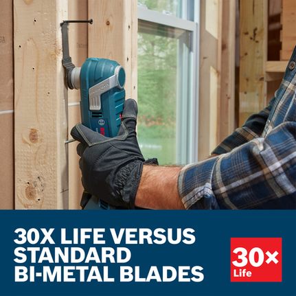 Bosch Starlock Plus oscillating multi-tool cutting into wood, with visible text “30X LIFE VERSUS STANDARD BI-METAL BLADES”, and “30x Life”.